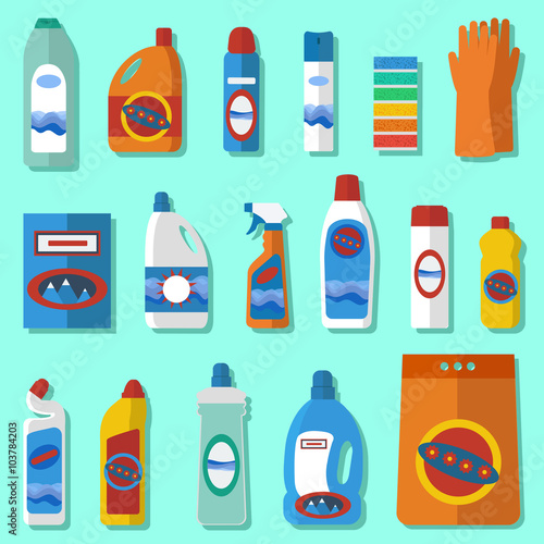 Group of bottles of household chemicals. Simple flat icons. Household supplies and cleaning flat icons set. Flat design concepts for web banners, web sites, printed materials, infographics