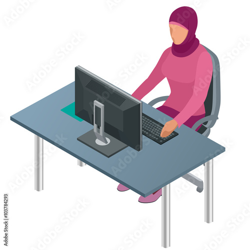Arab woman, Muslim woman, asian woman working in office with computer. Attractive female Arabic corporate worker. Vector flat 3d isometric illustration