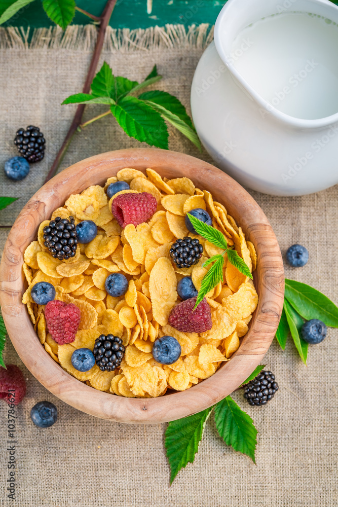Tasty cornflakes with milk and berry fruits Tasty cornflakes with milk and berry fruits