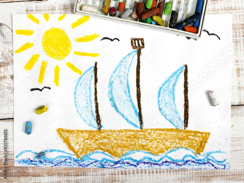 colorful drawing: sailing boat in the sea