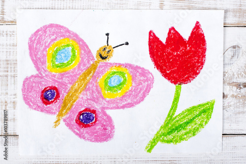 colorful drawing: happy butterfly and beautiful tulip