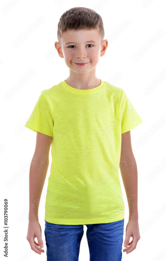 Clothes advertising. Portrait of cute boy in yellow T-shirt and jeans isolated on white background Clothes advertising. Portrait of cute boy in yellow T-shirt and jeans isolated on white background