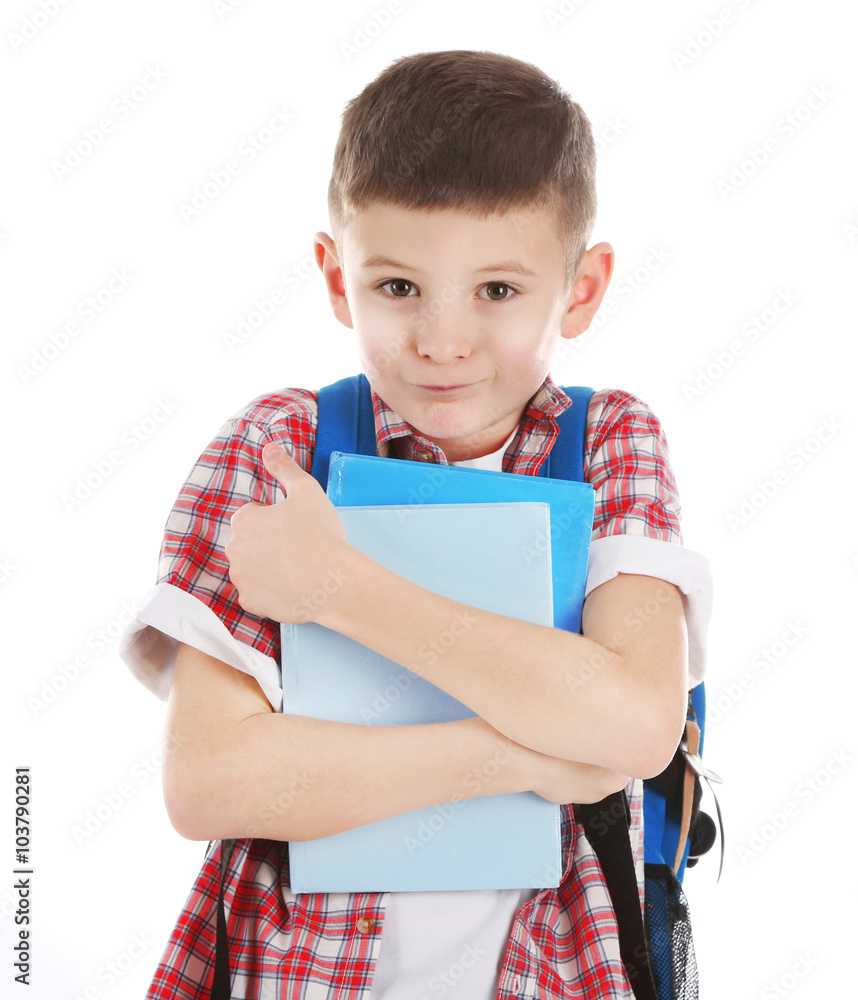 Wary little boy with back pack holding books, isolated on white Wary little boy with back pack holding books, isolated on white