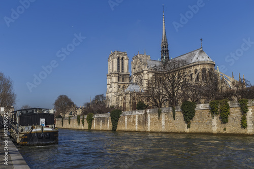 Notre Dame de Paris view from the Seine river side, France