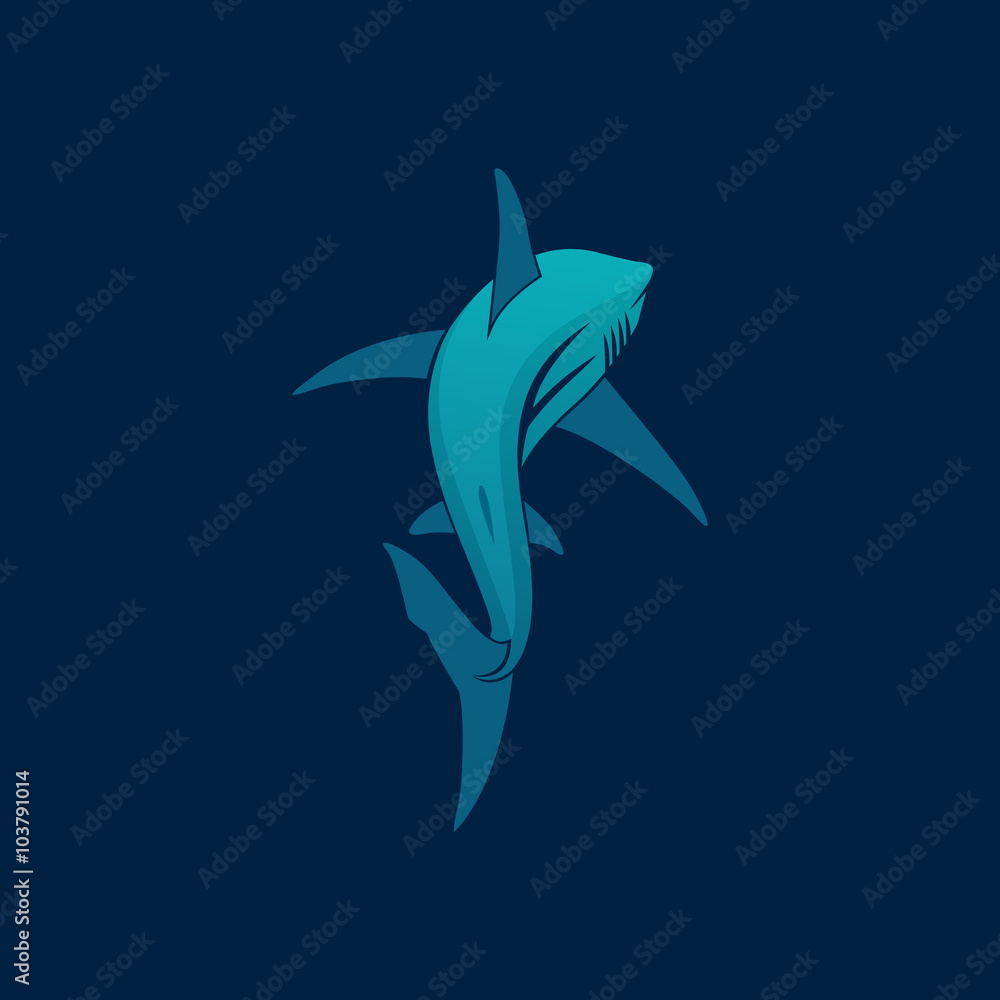 Fototapeta premium Shark sailing far away logo sign on dark blue background vector