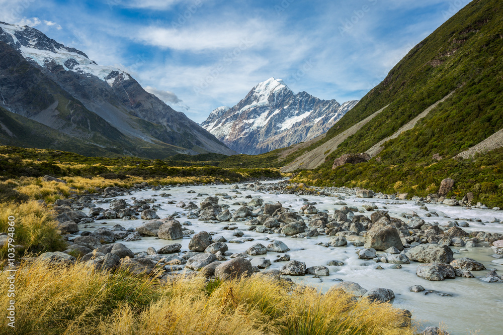 Beautiful river and mountain landscape in Mount Cook National Pa