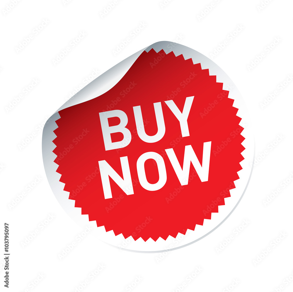Obraz premium Red vector sticker and text BUY NOW