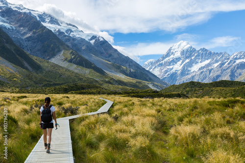 Woman hiker hiking on Hooker Valley Track