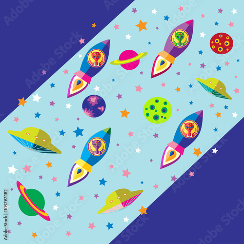 the alien flies in a space rocket in outer space vector illustration