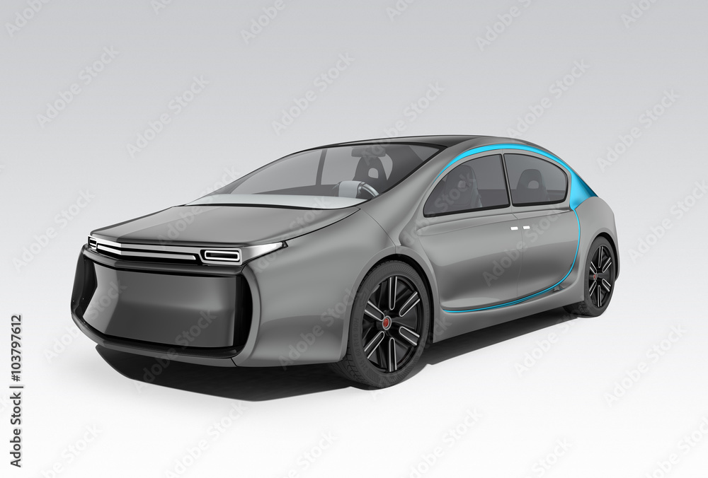 Exterior of autonomous electric car isolated on gray background. Clipping path available. Original design.