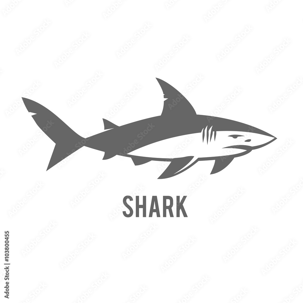 Fototapeta premium Monochrome illustration of stylized shark isolated on white. 