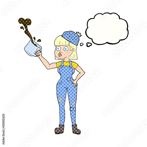 thought bubble cartoon female worker with coffee mug
