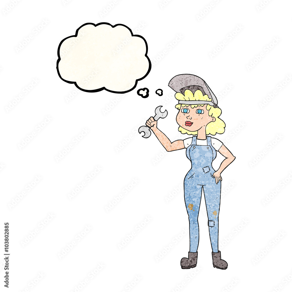 thought bubble textured cartoon woman with spanner thought bubble textured cartoon woman with spanner