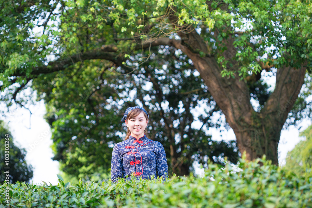 beautiful Asian girl works in green tea plantation