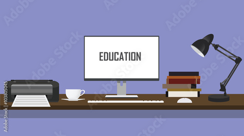 education desk with printer monitor pc computer books and lamp