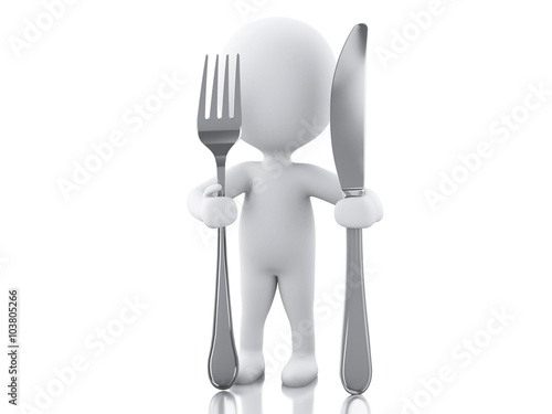3d white people Chef with fork and knife.