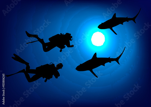 Divers and sharks in the depths. Vector.