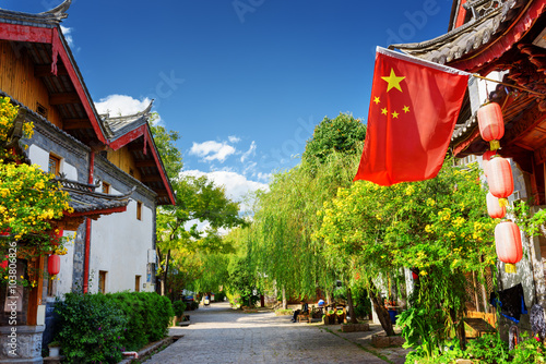The flag of China in the Old Town of Lijiang, China