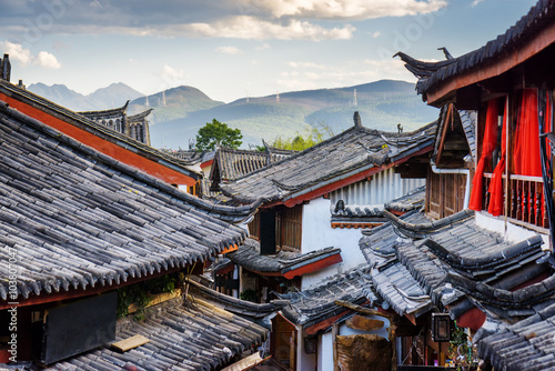 Scenic view of traditional Chinese tile roofs of houses, Lijiang