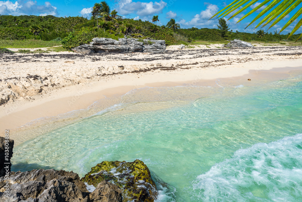 Soft wave of the tropical sea on the sandy beach. Caribbean Sea