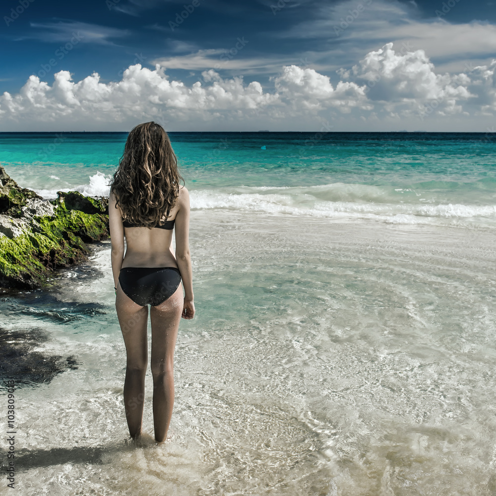 Gorgeous woman in bikini looking on sea at tropical beach. Locat