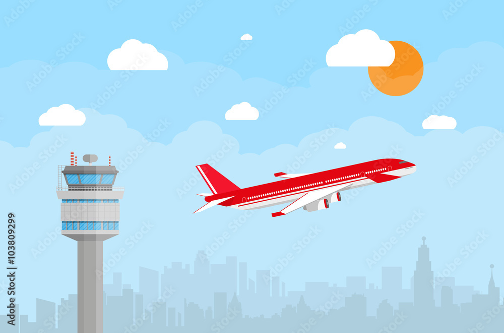 airport control tower and flying airplane airport control tower and flying airplane