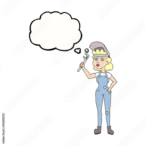 thought bubble cartoon capable woman with wrench