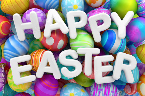 Canvas Print Pile of colorful Easter eggs with Happy Easter