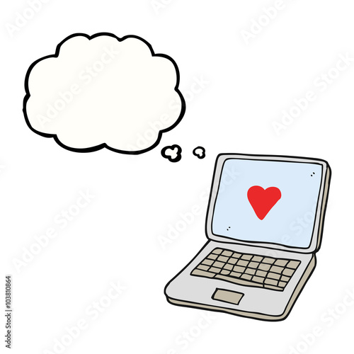 thought bubble cartoon laptop computer with heart symbol on scre