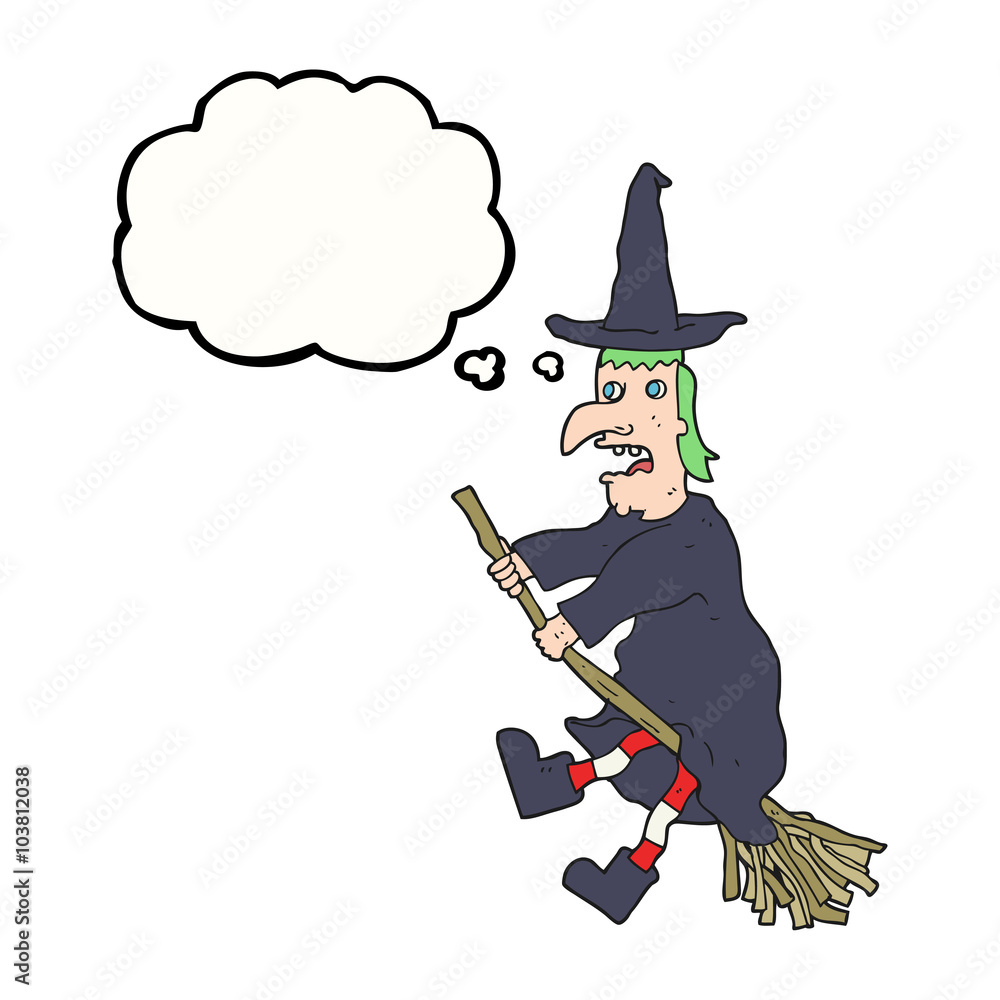 Obraz premium thought bubble cartoon witch flying on broom