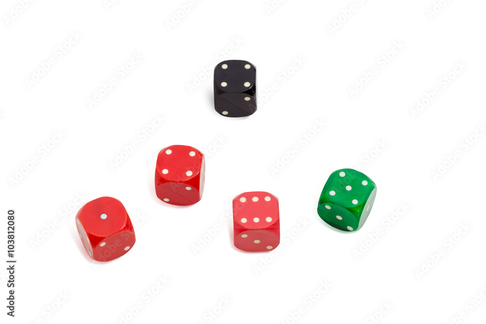 Old plastic multi colored six-sided dice with rounded corners Old plastic multi colored six-sided dice with rounded corners
