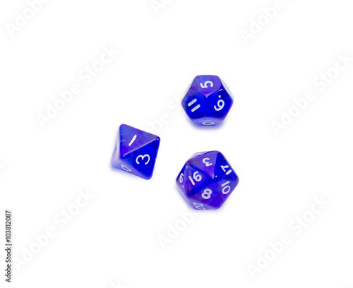 Specialized polyhedral dice on a light background