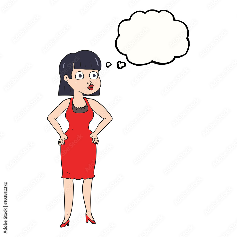 thought bubble cartoon woman in dress with hands on hips thought bubble cartoon woman in dress with hands on hips