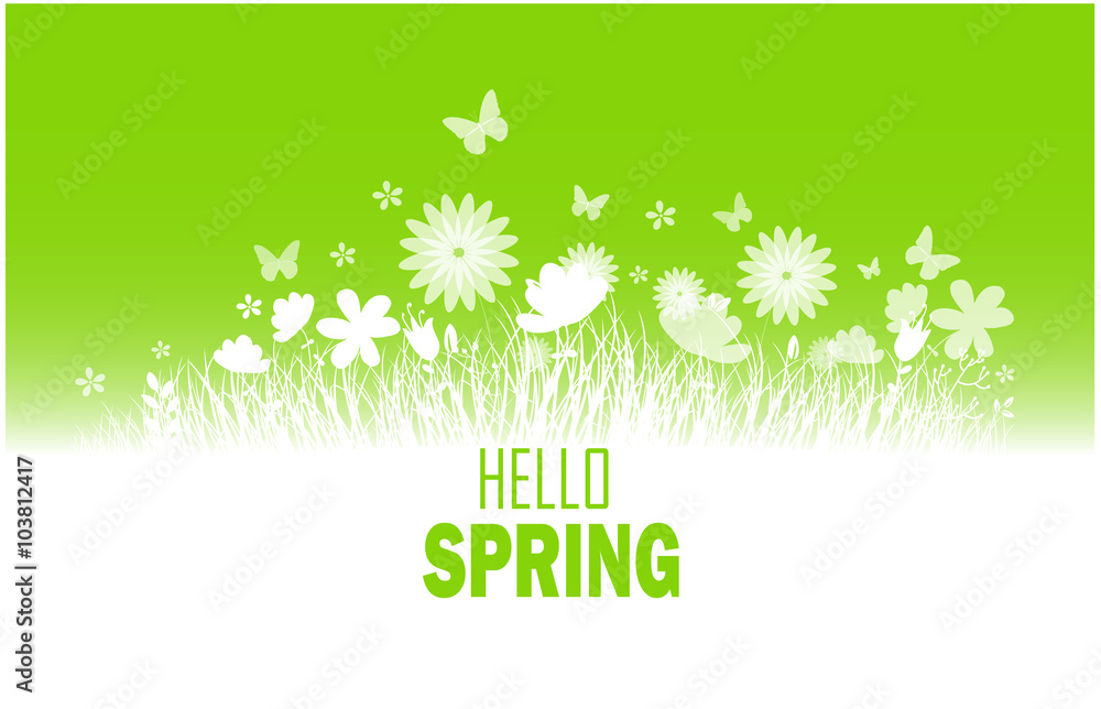 Naklejka premium Spring background with flower, butterflies and grass silhouette