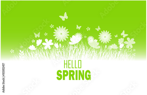Spring background with flower, butterflies and grass silhouette