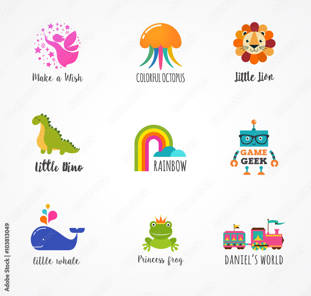 Naklejka premium Kids, children icons and logos, childhood elements