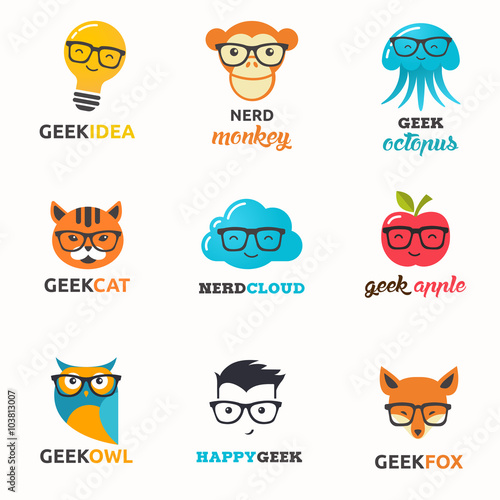 Geek, nerd, smart hipster icons - animals and symbols