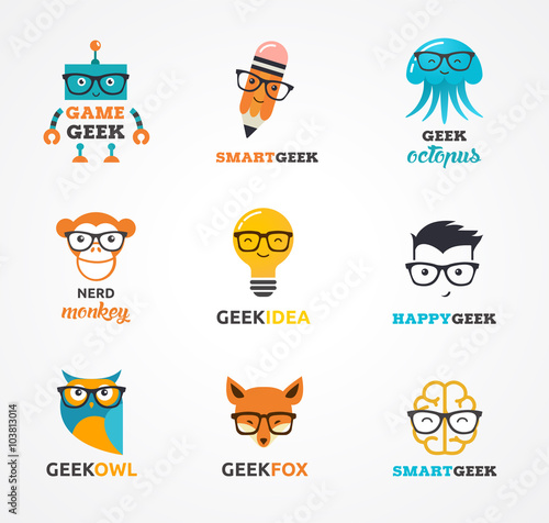 Geek, nerd, smart hipster icons - animals and symbols