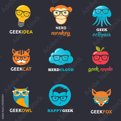 Geek, nerd, smart hipster icons - animals and symbols