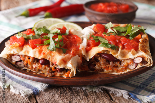 Mexican rolls: chimichanga with tomato salsa close-up horizontal 