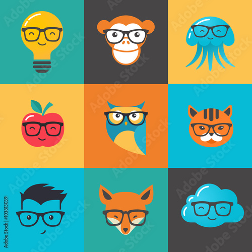 Geek, nerd, smart hipster icons - animals and symbols