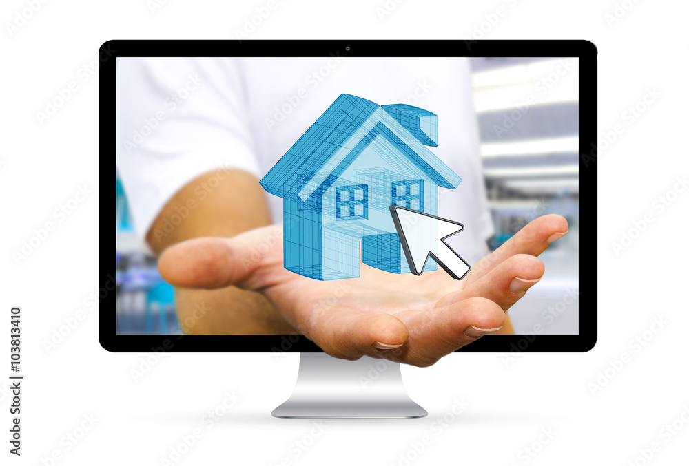 Real Estate agent escaping from computer with brand new house in Real Estate agent escaping from computer with brand new house in