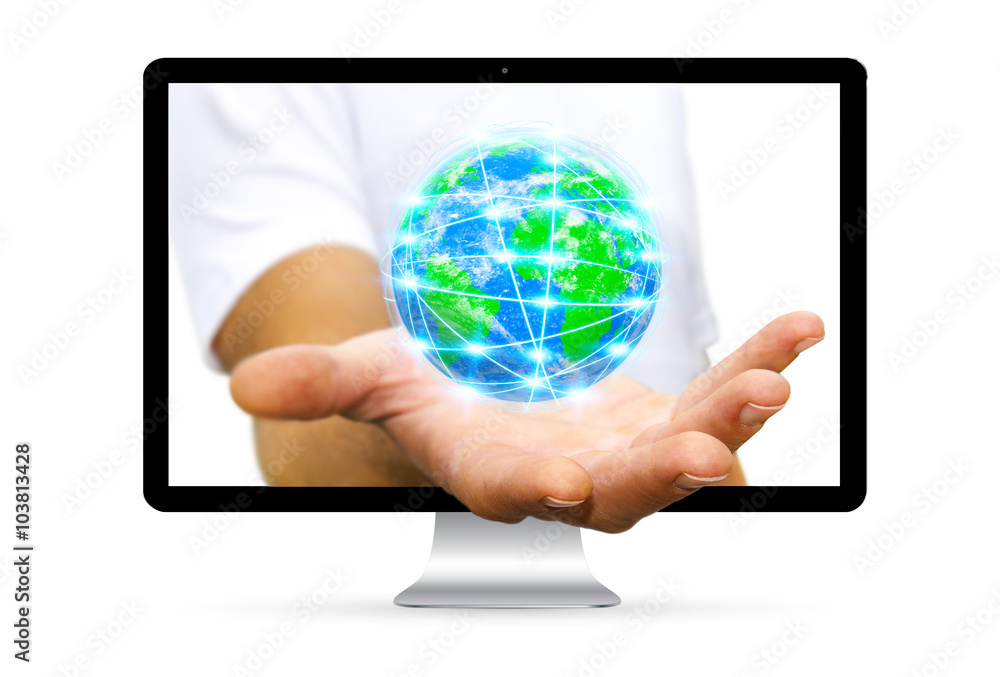 Businessman escaping from computer surfing on internet Businessman escaping from computer surfing on internet