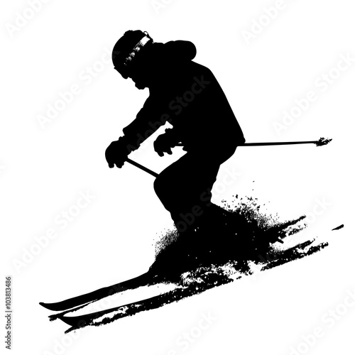 Mountain skier  speeding down slope. Vector sport silhouette