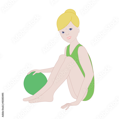 The girl gymnast with the ball sits. In girl gymnastic leotard.