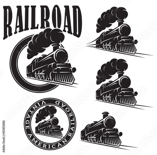 set of vector templates with locomotive, vintage train