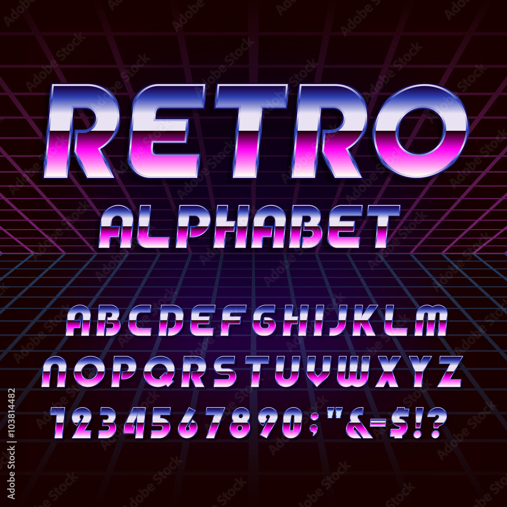 80's retro alphabet vector font. Metallic effect letters and numbers on the 80's style background. Vector typography for flyers, headlines, posters etc. 80's retro alphabet vector font. Metallic effect letters and numbers on the 80's style background. Vector typography for flyers, headlines, posters etc.