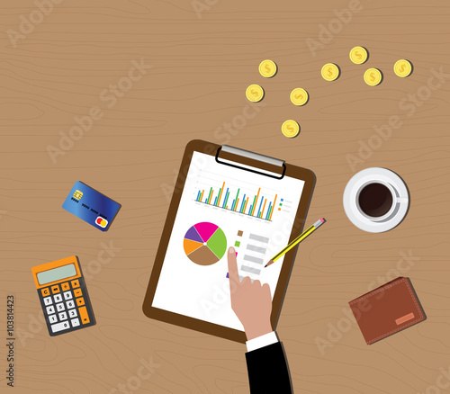 mutual funds data graph in clipboard with gold coin wallet