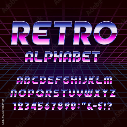 80's retro alphabet vector font. Metallic effect letters and numbers on the 80's style background. Vector typography for flyers, headlines, posters etc.