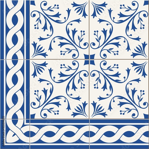  seamless  pattern. Turkish, Moroccan, Portuguese  Azulejo tiles and border, ornaments. 